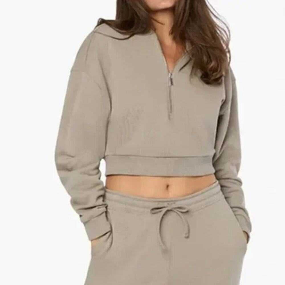 NWT WeWoreWhat Cropped Half Zip Fleece Cotton Hoodie Long Sleeve XS Stone Grey